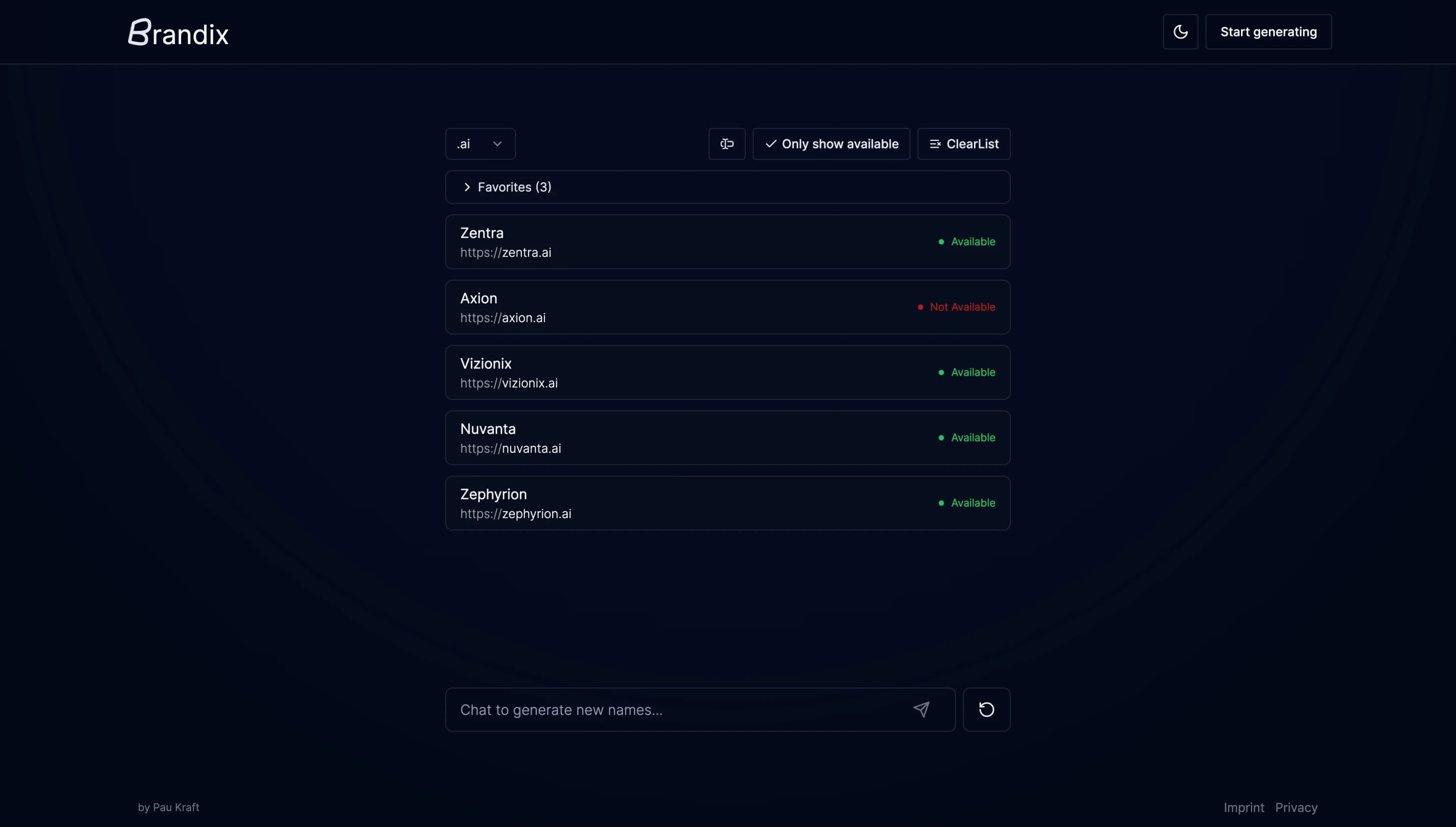 Dark theme desktop version of our AI brand name generator