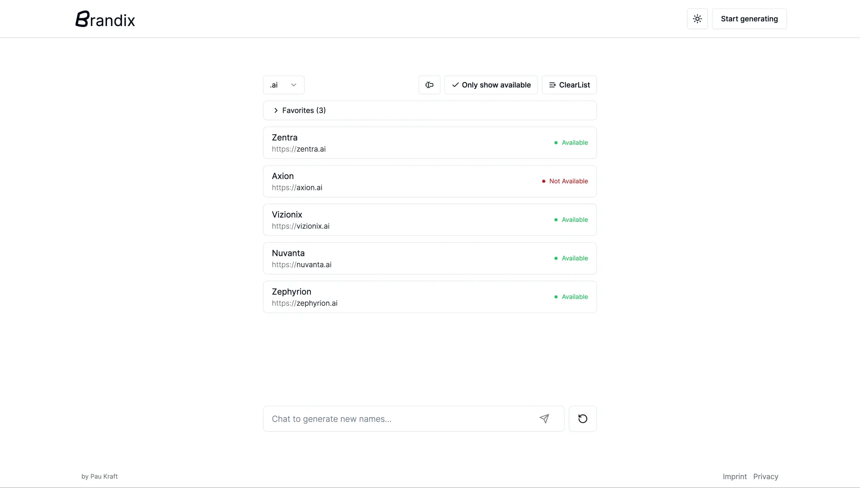 Light theme desktop version of our AI brand name generator